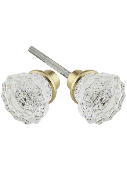 Pair of Lead Free Fluted Crystal Door Knobs With Solid Brass Base in Un-Lacquered Brass.